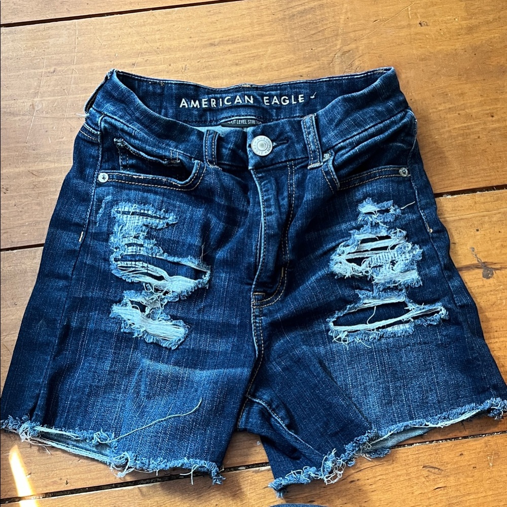 American Eagle Outfitters Women's Ripped Jean Shorts - Dark Blue